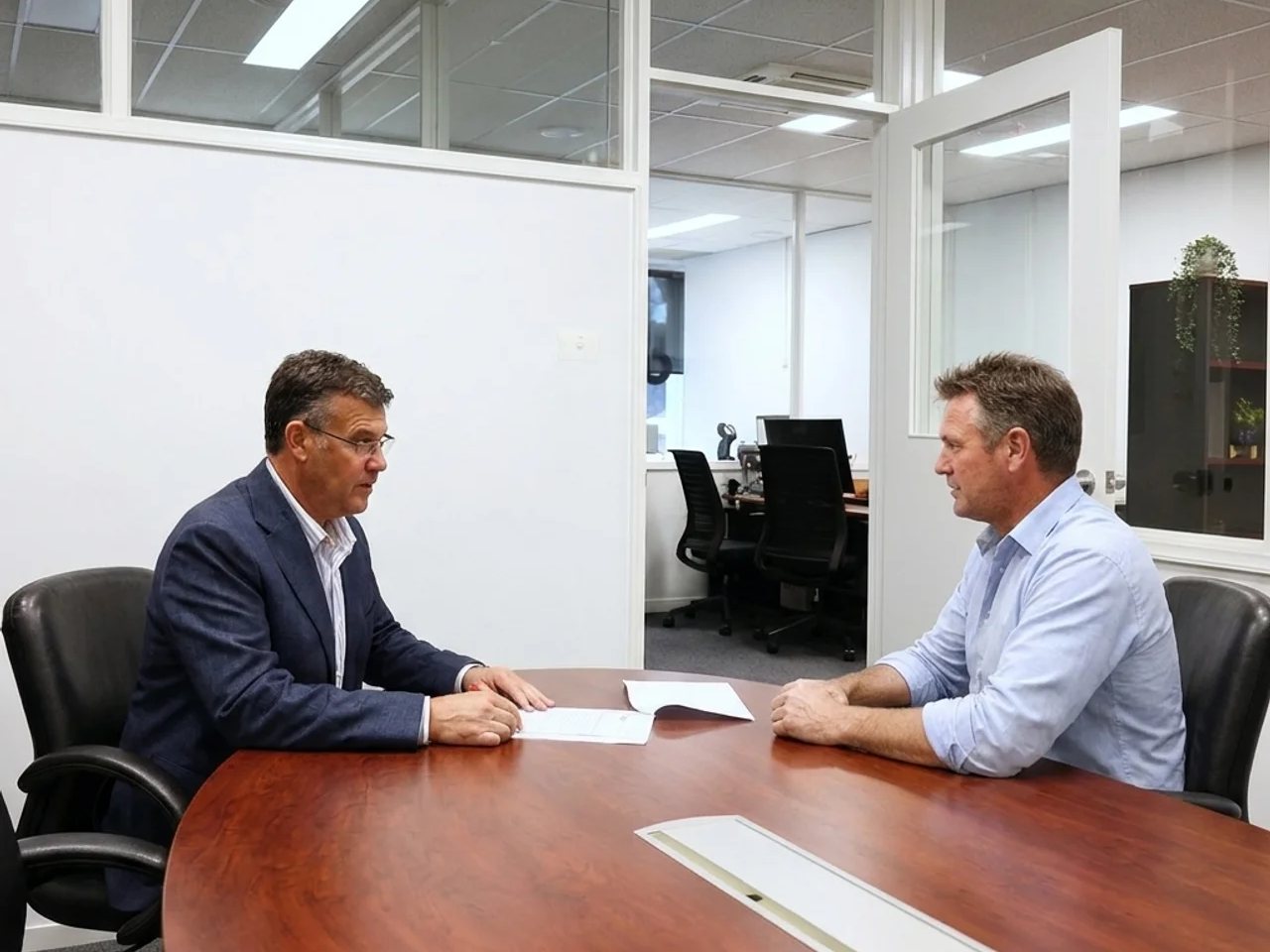 Darren Warner going through a client's paperwork at the DWA boardroom table